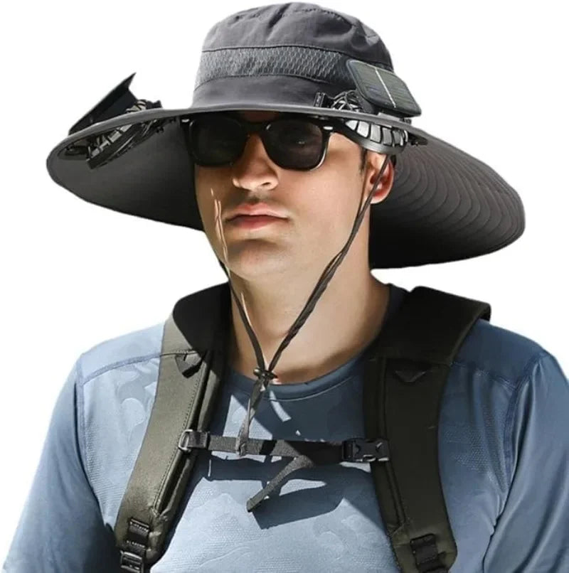 Adjustable Wide Brim Solar Fan Hat for Men and Women UPF 50+ Sun Protection Dual Power USB/ Solar Outdoor Beach Fishing Cap