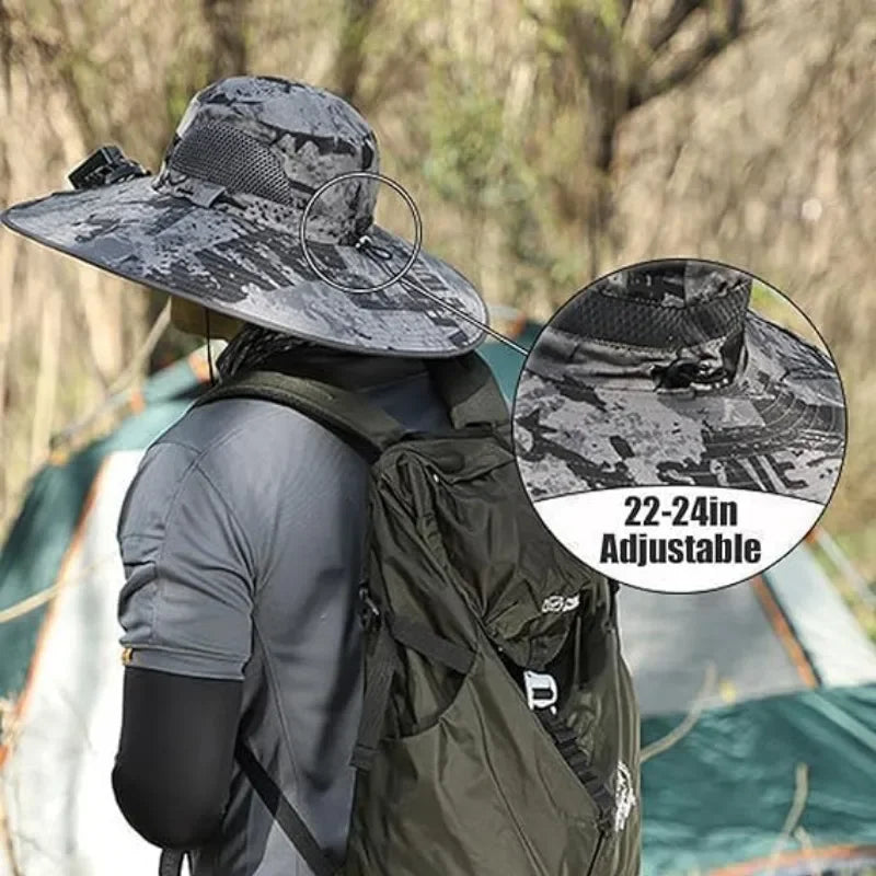 Adjustable Wide Brim Solar Fan Hat for Men and Women UPF 50+ Sun Protection Dual Power USB/ Solar Outdoor Beach Fishing Cap