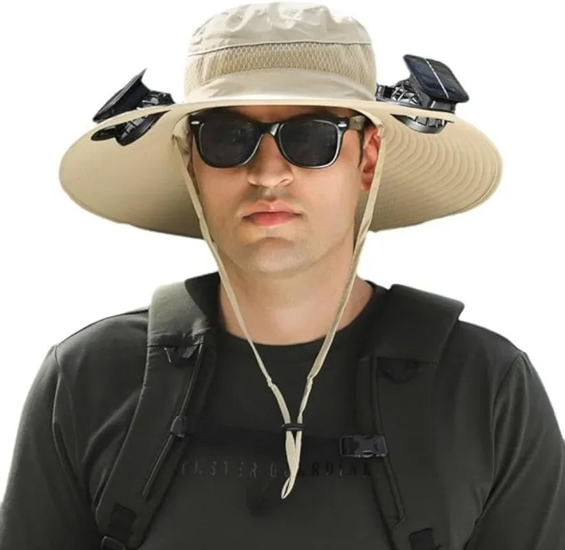 Adjustable Wide Brim Solar Fan Hat for Men and Women UPF 50+ Sun Protection Dual Power USB/ Solar Outdoor Beach Fishing Cap
