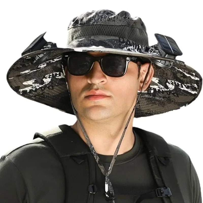 Adjustable Wide Brim Solar Fan Hat for Men and Women UPF 50+ Sun Protection Dual Power USB/ Solar Outdoor Beach Fishing Cap