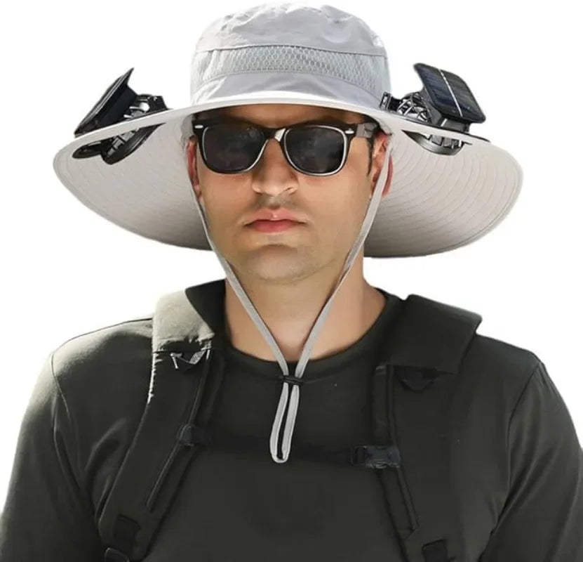 Adjustable Wide Brim Solar Fan Hat for Men and Women UPF 50+ Sun Protection Dual Power USB/ Solar Outdoor Beach Fishing Cap