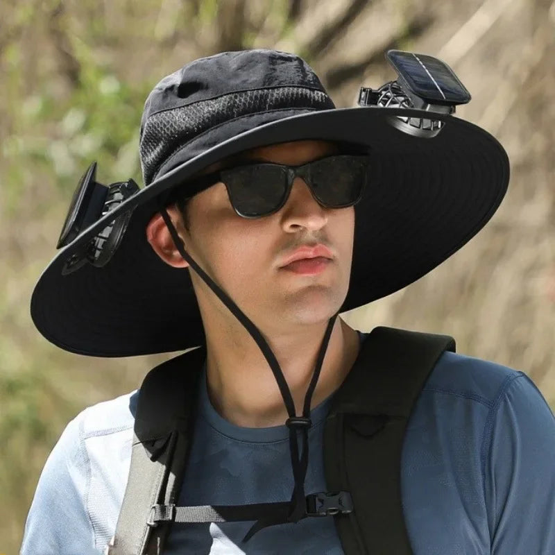 Adjustable Wide Brim Solar Fan Hat for Men and Women UPF 50+ Sun Protection Dual Power USB/ Solar Outdoor Beach Fishing Cap
