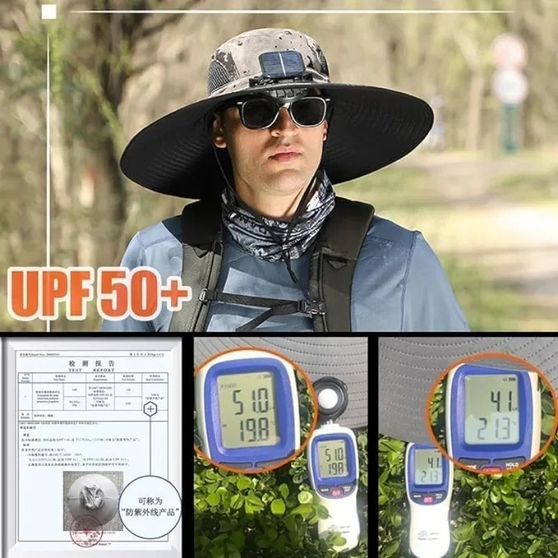 Adjustable Wide Brim Solar Fan Hat for Men and Women UPF 50+ Sun Protection Dual Power USB/ Solar Outdoor Beach Fishing Cap