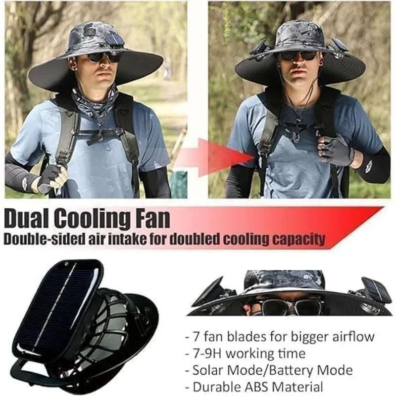 Adjustable Wide Brim Solar Fan Hat for Men and Women UPF 50+ Sun Protection Dual Power USB/ Solar Outdoor Beach Fishing Cap